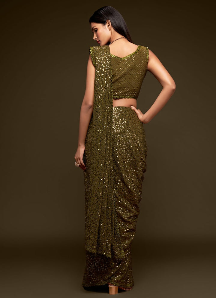 Lassya Fashion Olive green Party Wear Georgette Saree with Thread and Sequins