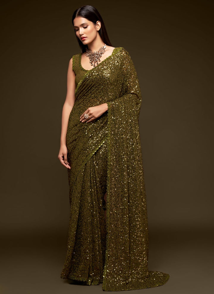 Lassya Fashion Olive green Party Wear Georgette Saree with Thread and Sequins