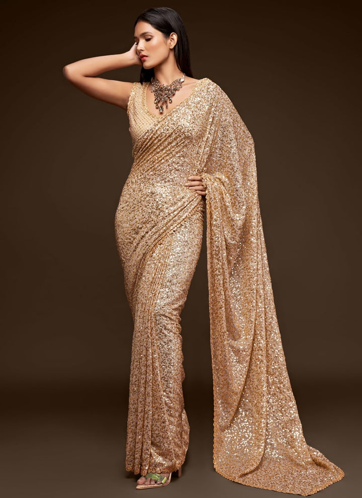 Lassya Fashion Ancient Ivory Party Wear Georgette Saree with Thread and Sequins