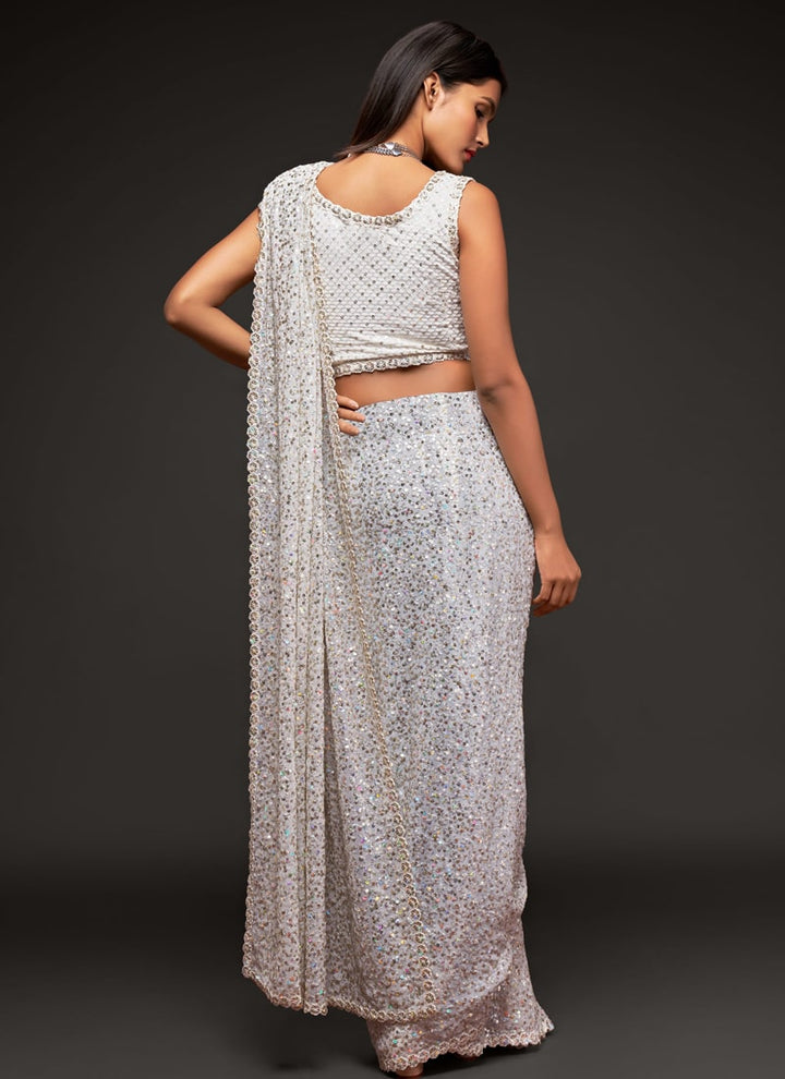 Lassya Fashion Pearl White Party Wear Georgette Saree with Thread and Sequins