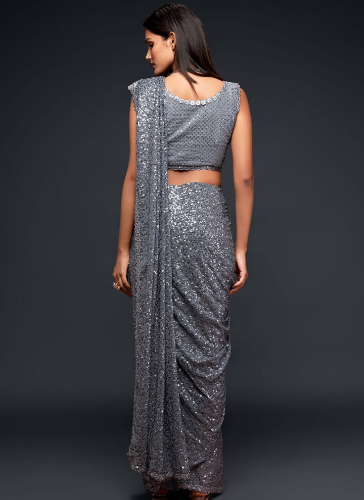 Lassya Fashion Slate Grey Party Wear Georgette Saree with Thread and Sequins