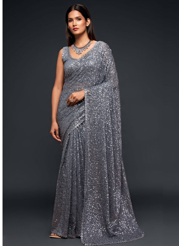 Lassya Fashion Slate Grey Party Wear Georgette Saree with Thread and Sequins