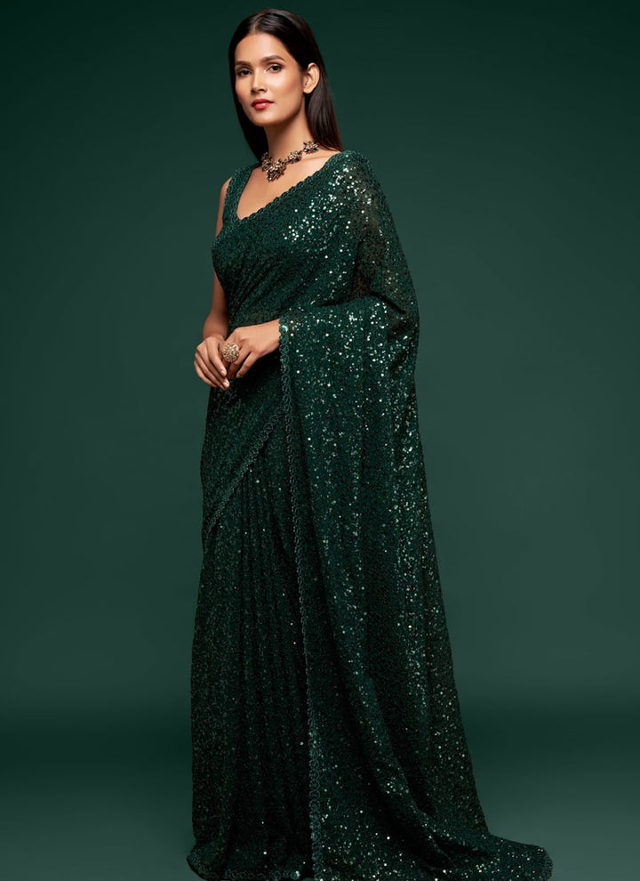 Lassya Fashion Bottle Green Party Wear Georgette Saree with Thread and Sequins