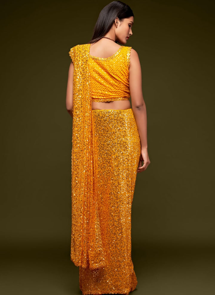 Lassya Fashion Honey Yellow Party Wear Georgette Saree with Thread and Sequins