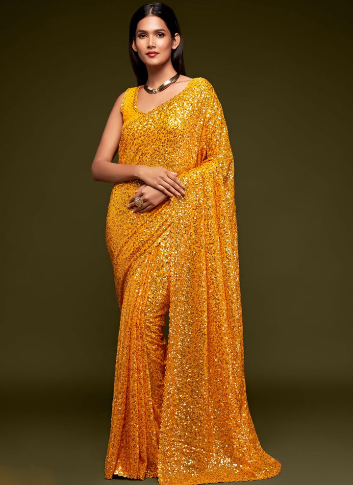 Lassya Fashion Honey Yellow Party Wear Georgette Saree with Thread and Sequins