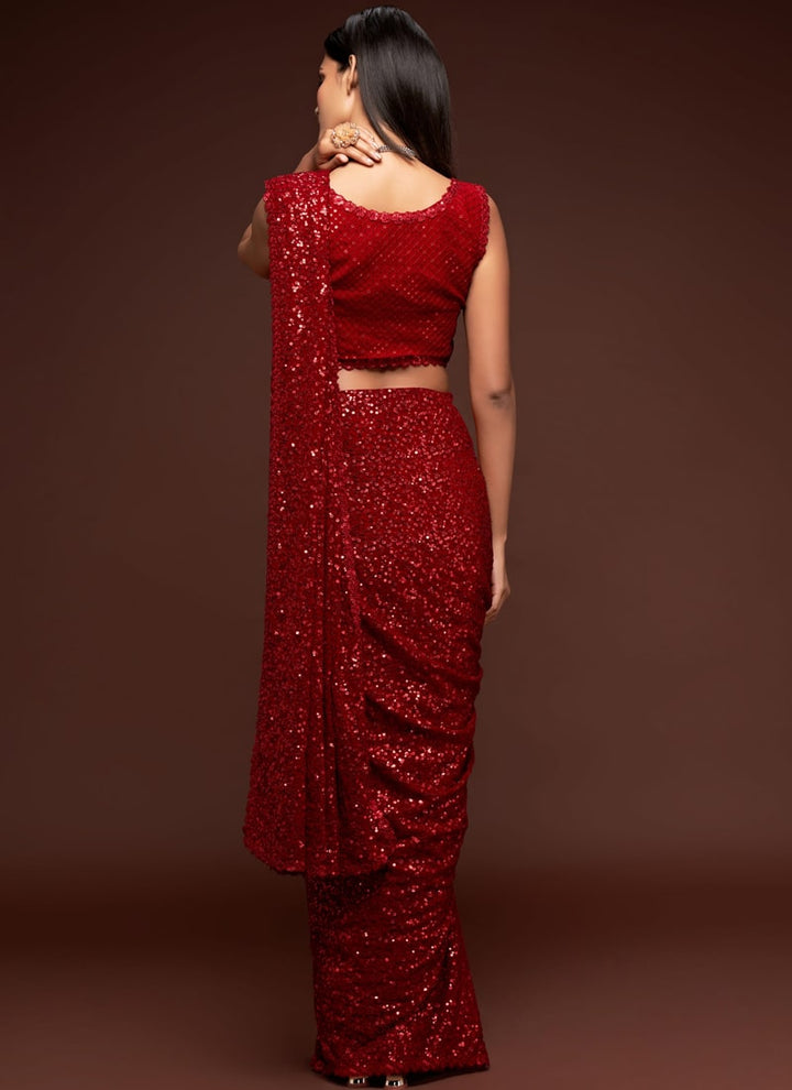 Lassya Fashion Ruby Red Party Wear Georgette Saree with Thread and Sequins