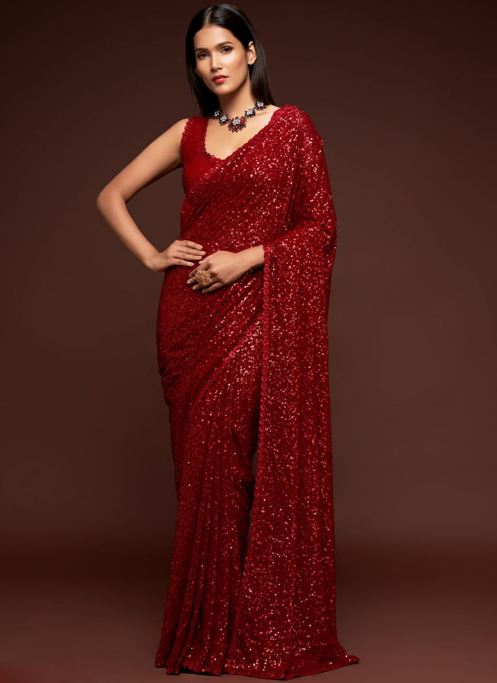 Lassya Fashion Ruby Red Party Wear Georgette Saree with Thread and Sequins