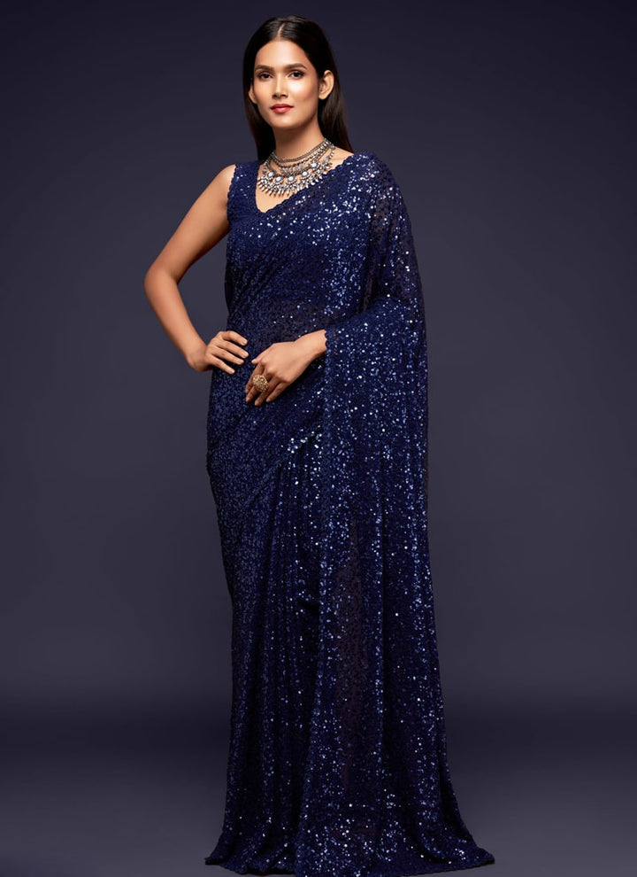 Lassya Fashion Navy Blue Party Wear Georgette Saree with Thread and Sequins