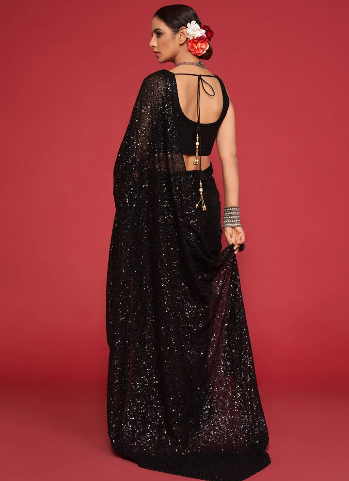 Lassya Fashion Black Party Wear Georgette Saree with Thread and Sequins