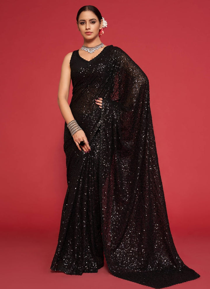 Lassya Fashion Black Party Wear Georgette Saree with Thread and Sequins