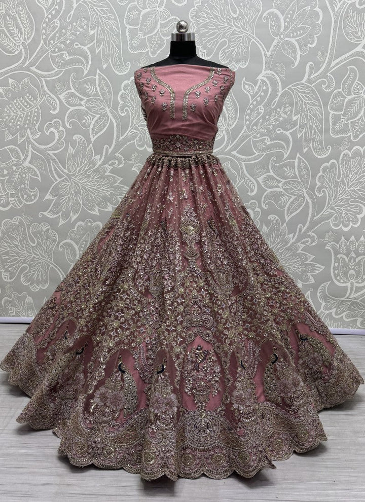 Lassya Fashion Mauve Pink Exquisite Heavy Net Wedding Lehenga with Zari and Sequins