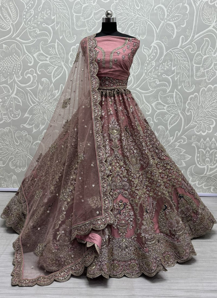 Lassya Fashion Mauve Pink Exquisite Heavy Net Wedding Lehenga with Zari and Sequins