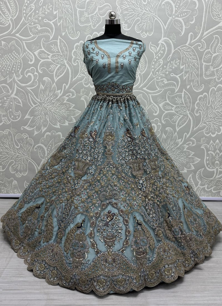 Lassya Fashion Sky Blue Exquisite Heavy Net Wedding Lehenga with Zari and Sequins