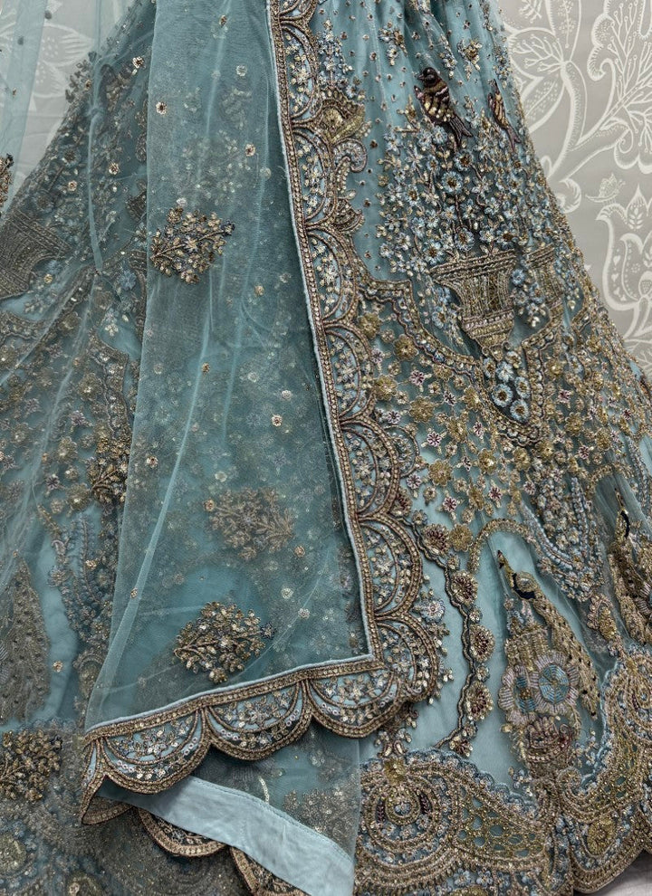 Lassya Fashion Sky Blue Exquisite Heavy Net Wedding Lehenga with Zari and Sequins