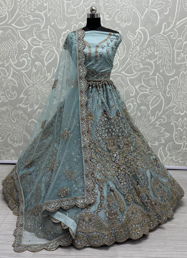 Lassya Fashion Sky Blue Exquisite Heavy Net Wedding Lehenga with Zari and Sequins