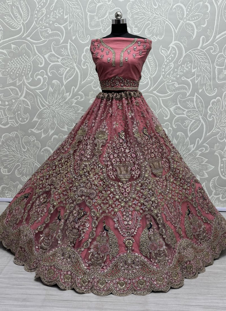 Lassya Fashion Dusty Pink Exquisite Heavy Net Wedding Lehenga with Zari and Sequins