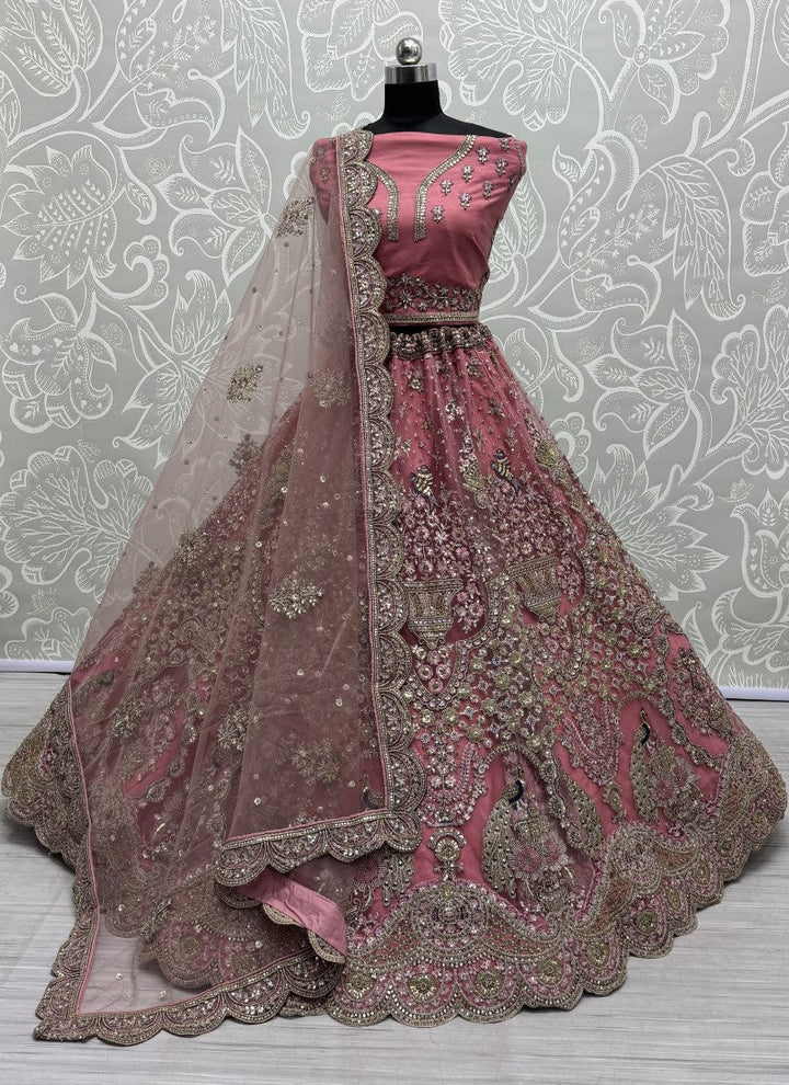 Lassya Fashion Dusty Pink Exquisite Heavy Net Wedding Lehenga with Zari and Sequins