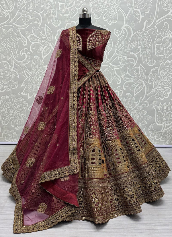 Lassya Fashion Maroon Velvet Wedding Lehenga with Intricate Embroidery