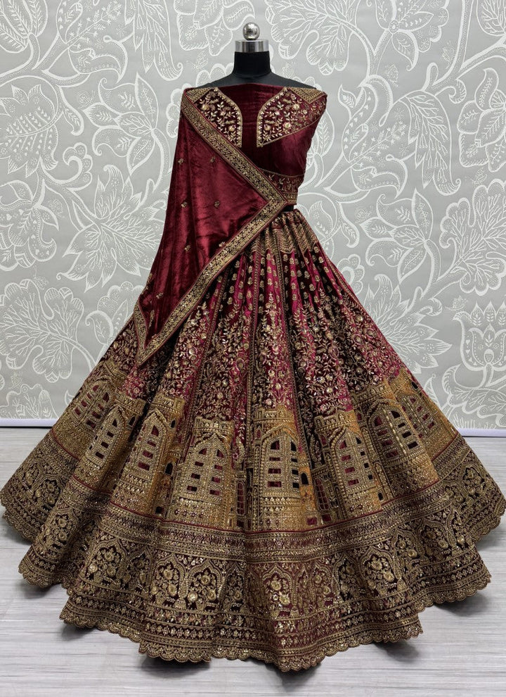 Lassya Fashion Maroon Velvet Wedding Lehenga with Intricate Embroidery