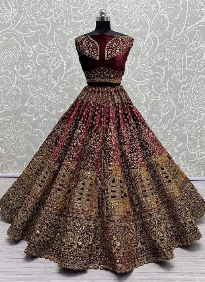 Lassya Fashion Maroon Velvet Wedding Lehenga with Intricate Embroidery