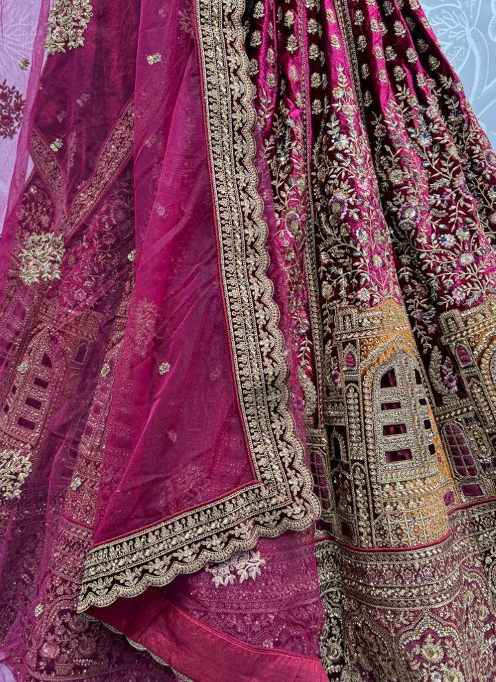 Lassya Fashion Maroon Velvet Wedding Lehenga with Intricate Embroidery