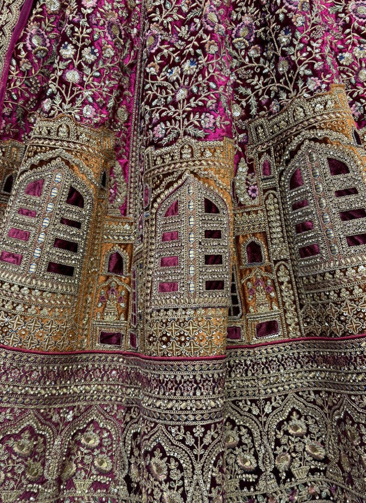 Lassya Fashion Maroon Velvet Wedding Lehenga with Intricate Embroidery