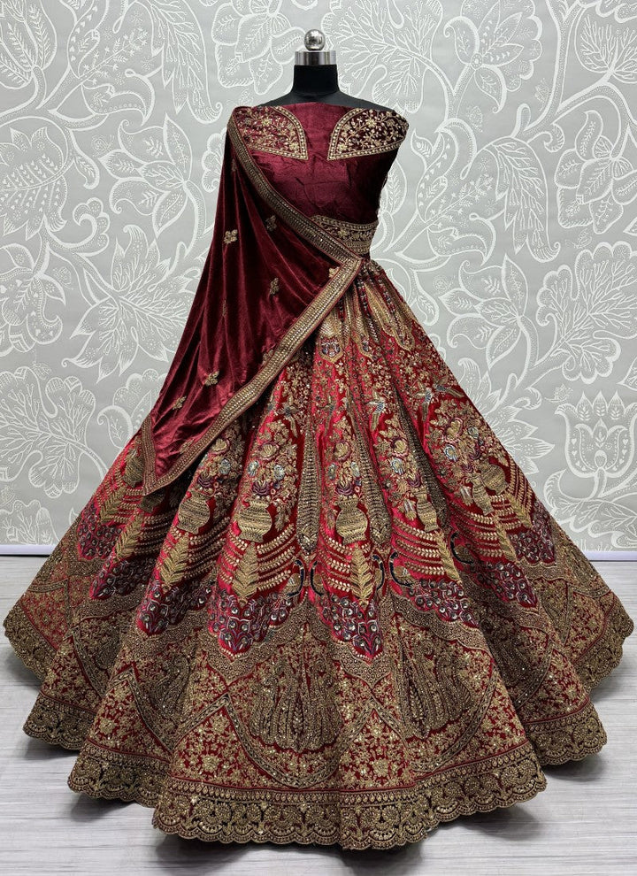 Lassya Fashion Brown Velvet Wedding Lehenga with Multi-Thread and Diamond Work