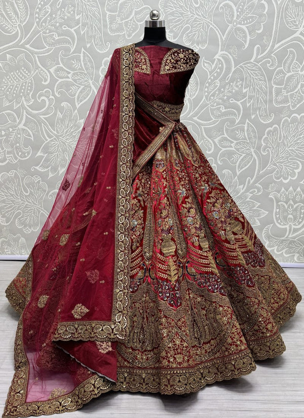 Lassya Fashion Brown Velvet Wedding Lehenga with Multi-Thread and Diamond Work