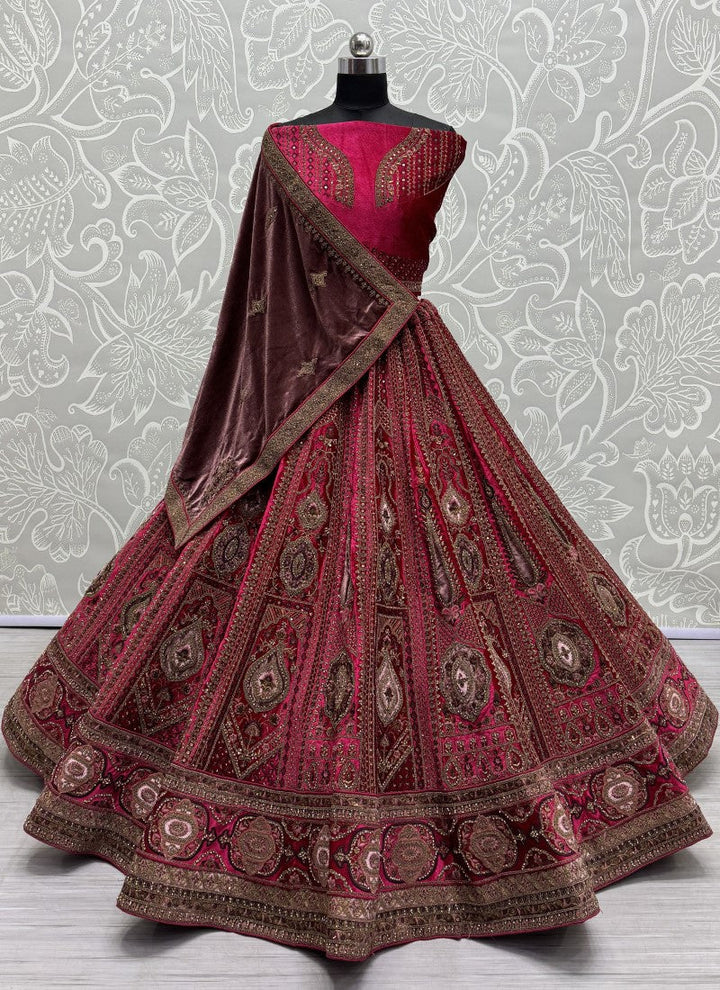 Lassya Fashion Wine Velvet Wedding Lehenga with Sequins and Diamond Work