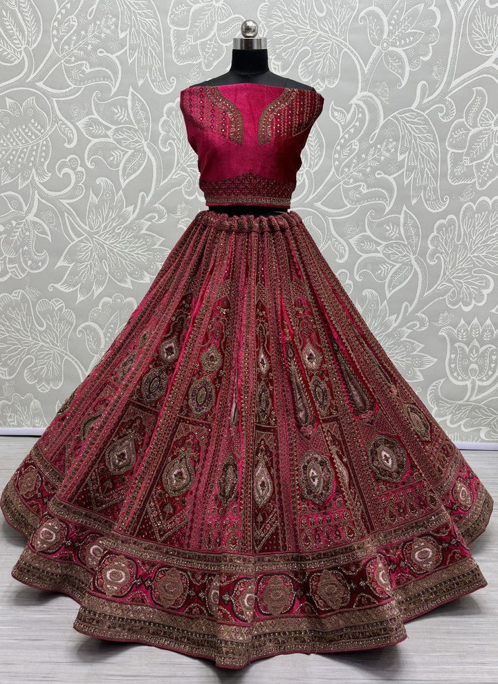 Lassya Fashion Wine Velvet Wedding Lehenga with Sequins and Diamond Work