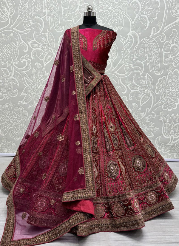 Lassya Fashion Wine Velvet Wedding Lehenga with Sequins and Diamond Work