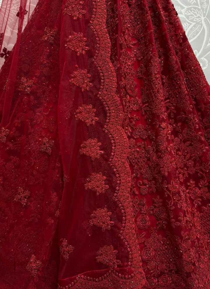 Lassya Fashion Cherry Red Exquisite Heavy Net Wedding Lehenga Set 