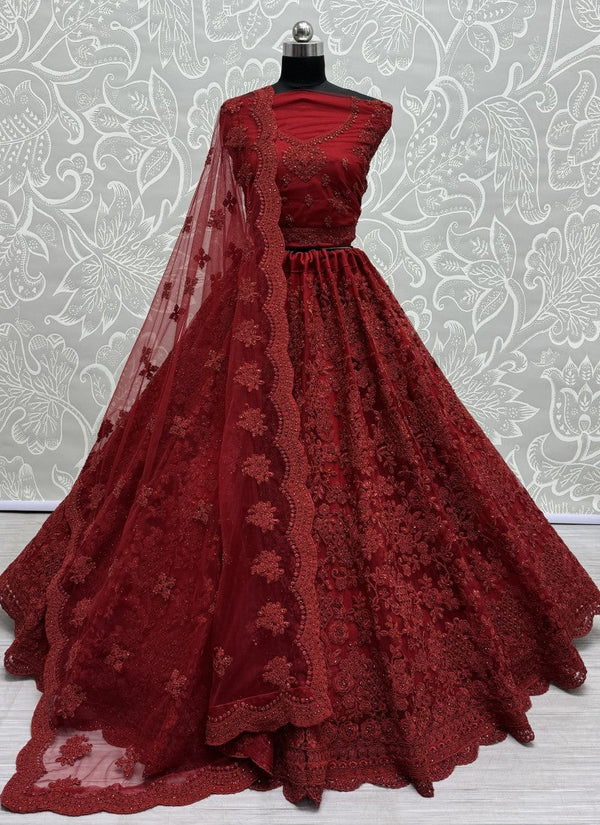 Lassya Fashion Cherry Red Exquisite Heavy Net Wedding Lehenga Set 