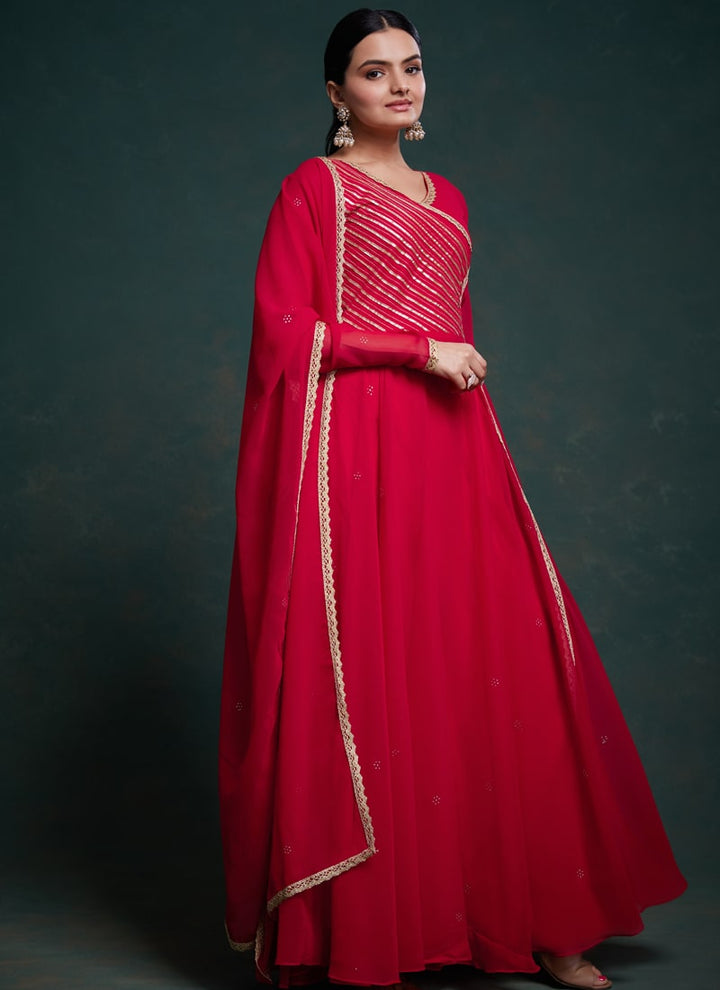 Lassya Fashion Crimson Red Flowy Georgette Party Wear Anarkali Suit Set