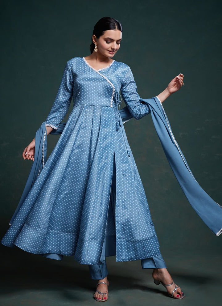 Lassya Fashion Cyan Blue Luxurious Chinnion Silk Party Wear Anarkali Suit Set