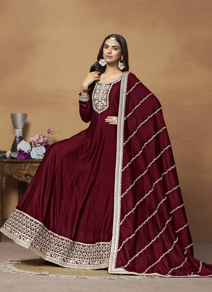 Lassya Fashion Maroon Art Silk Anarkali Dress with Comfort and Style