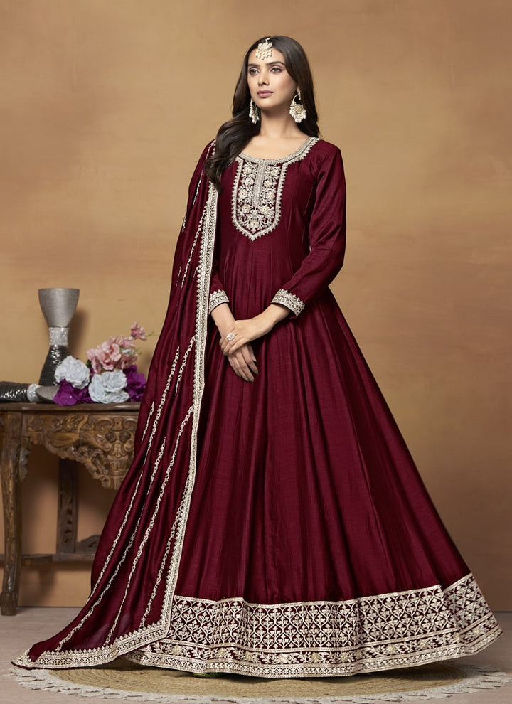 Lassya Fashion Maroon Art Silk Anarkali Dress with Comfort and Style