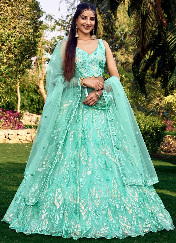 Lassya Fashion Sea Green Shimmering Engagement Lehenga in Soft Net