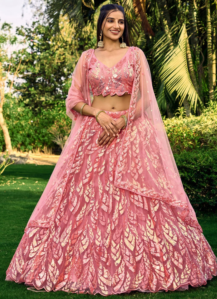 Lassya Fashion Pink Shimmering Engagement Lehenga in Soft Net