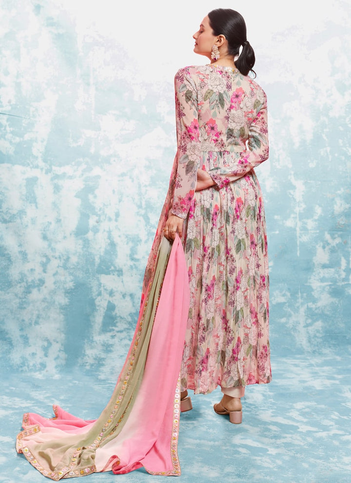 Lassya Fashion Pale Pink Flowy Elegance Printed Alia Cut Dress with Dupatta