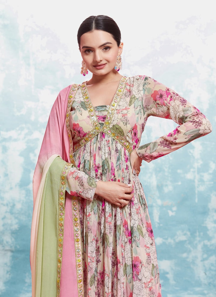 Lassya Fashion Pale Pink Flowy Elegance Printed Alia Cut Dress with Dupatta