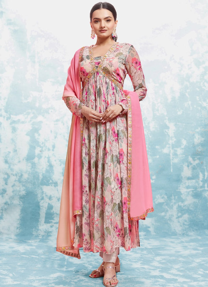 Lassya Fashion Pale Pink Flowy Elegance Printed Alia Cut Dress with Dupatta