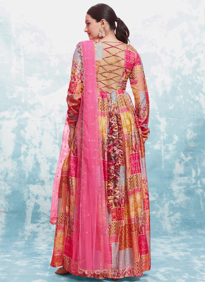 Lassya Fashion Magenta Pink Festive Wear Printed Muslin Embroidery Gown