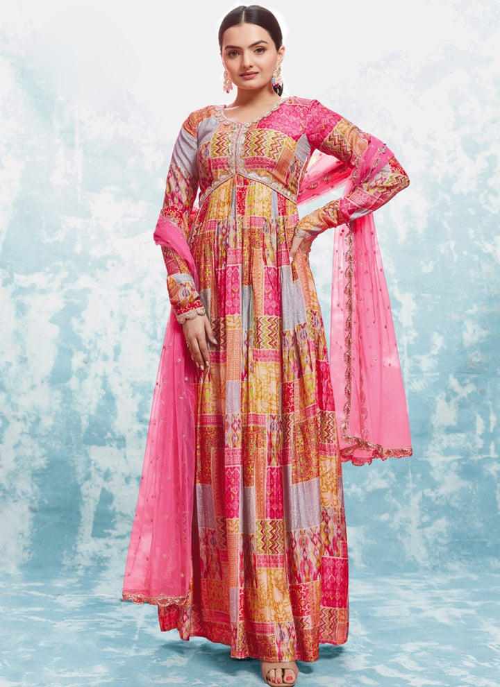 Lassya Fashion Magenta Pink Festive Wear Printed Muslin Embroidery Gown