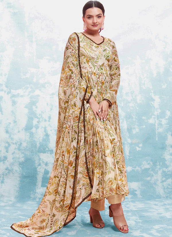 Lassya Fashion Cream Flowy Printed Anarkali Suit in Georgette