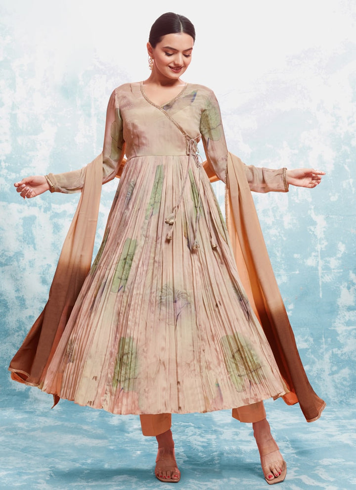 Lassya Fashion Peach Festive Wear Printed Chinon Silk Anarkali Suit