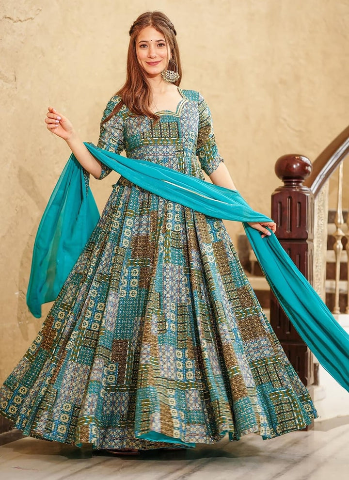 Lassya Fashion Teal Blue Heavy Rayon Wedding Gown with Georgette Dupatta