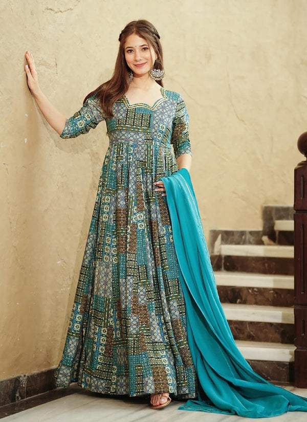 Lassya Fashion Teal Blue Heavy Rayon Wedding Gown with Georgette Dupatta