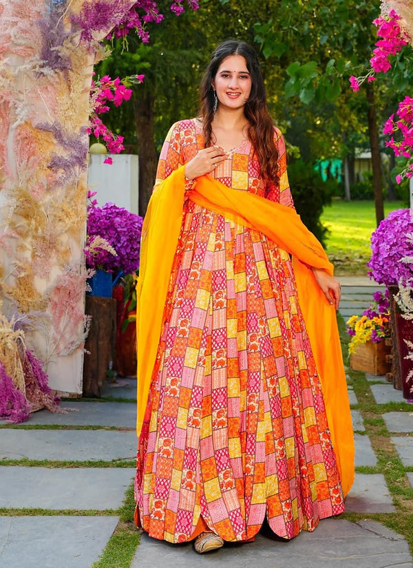 Lassya Fashion Marigold Orange Heavy Rayon Wedding Gown with Georgette Dupatta