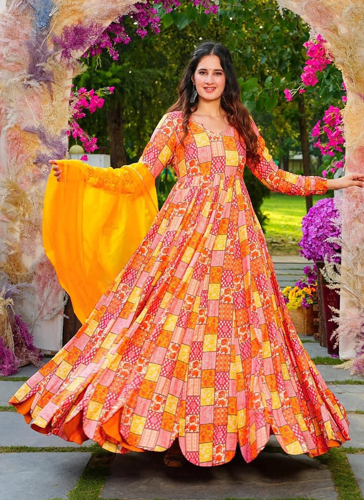 Lassya Fashion Marigold Orange Heavy Rayon Wedding Gown with Georgette Dupatta